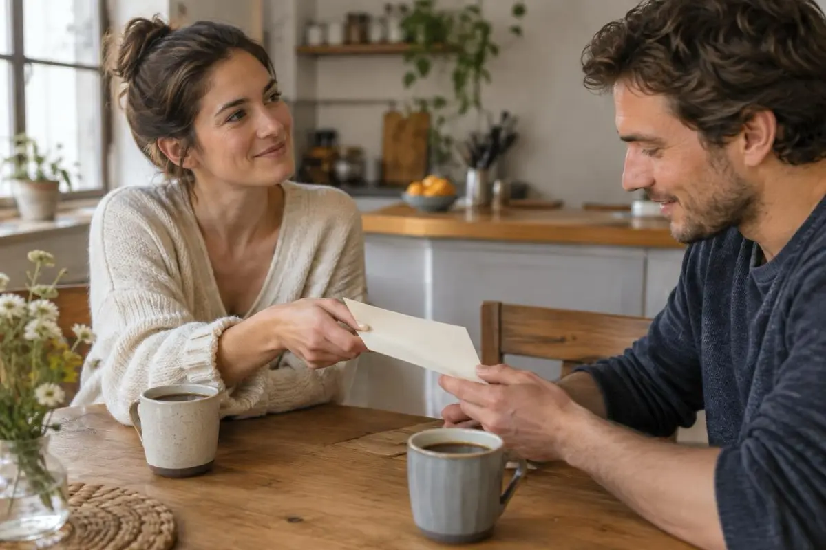 Une femme tend une feuille pliée à son compagnon à la table de la cuisine, il la regarde avec curiosité