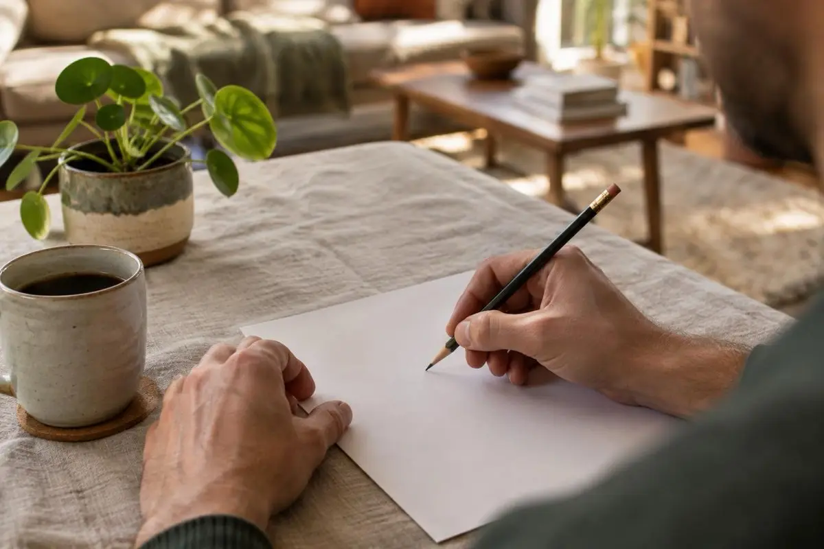 Gros plan sur les mains d'un homme qui tient un crayon au-dessus d'une feuille, une tasse de café à côté