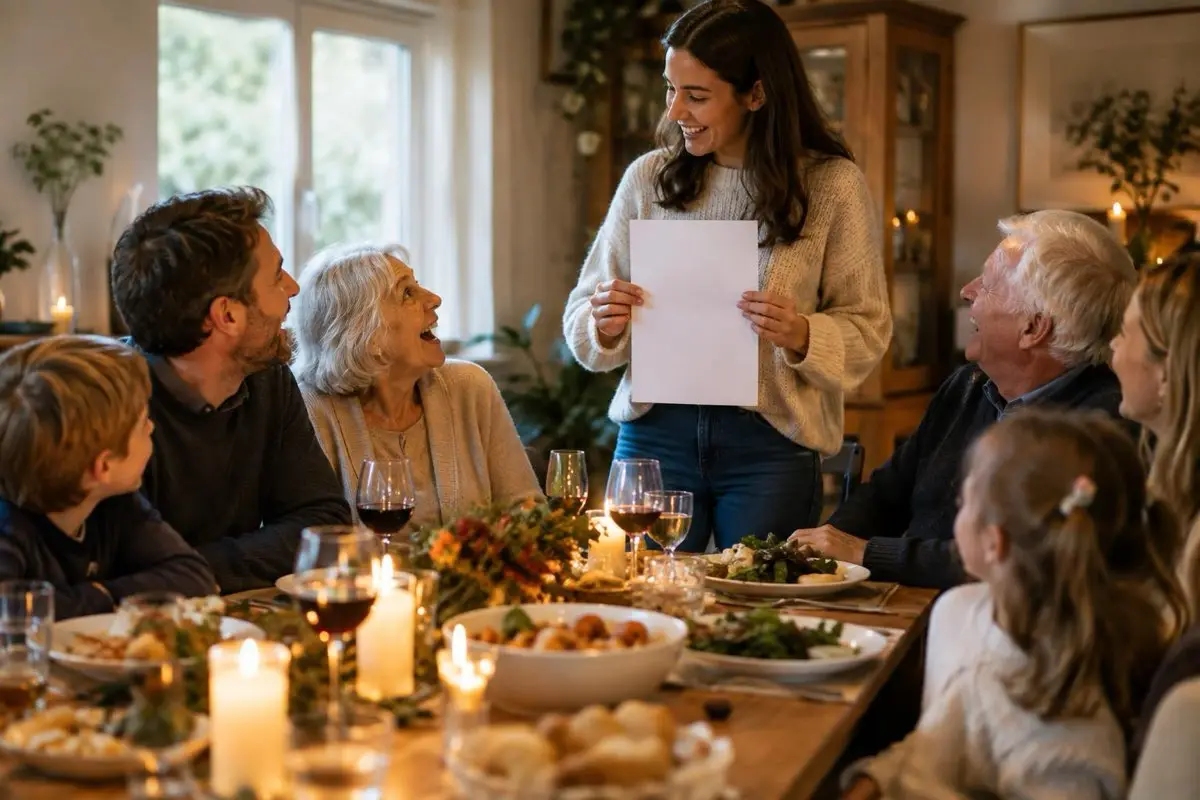 Un repas de famille sur trois générations, une jeune femme debout tient une feuille, tout le monde se tourne vers elle en riant