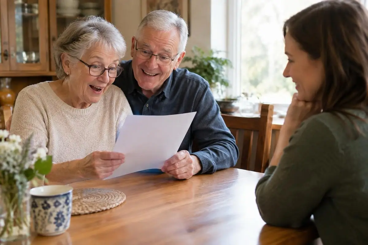 Un couple de grands-parents à leur table à manger lit une feuille avec surprise et joie, leur fille adulte les regarde en face