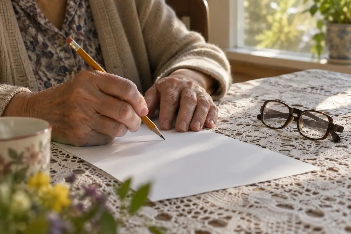 Gros plan sur les mains d'une grand-mère qui tient un crayon au-dessus d'une feuille, ses lunettes de lecture posées à côté