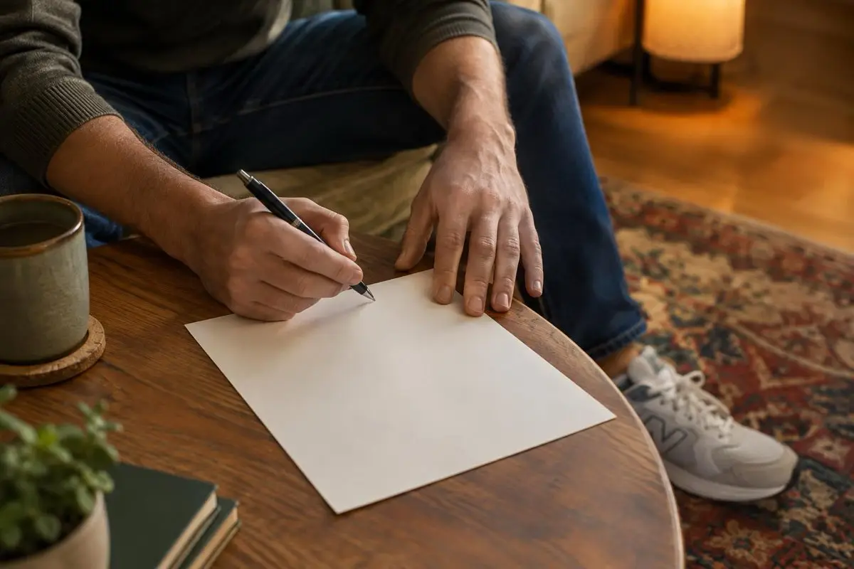 Gros plan sur les mains d'un homme qui tient un stylo au-dessus d'une feuille posée sur une table basse, lumière de lampe le soir