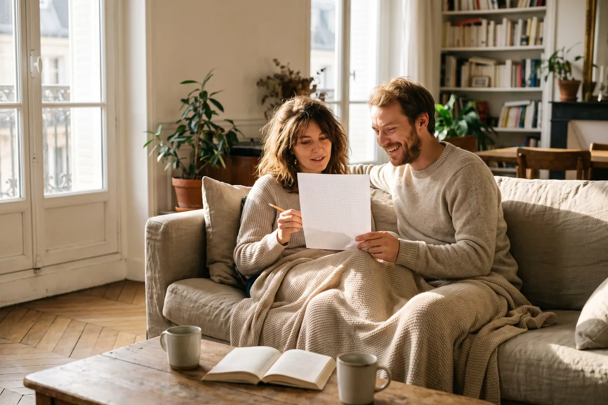 Un couple d'une trentaine d'années sur un canapé, l'un tient une grille de mots fléchés et un crayon, l'autre se penche pour lire en souriant