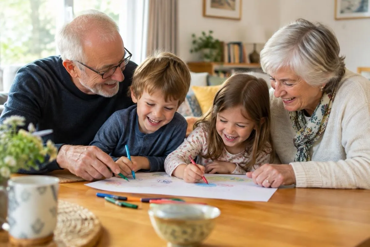 Des grands-parents et deux petits-enfants penchés ensemble sur une feuille, en train de jouer à table