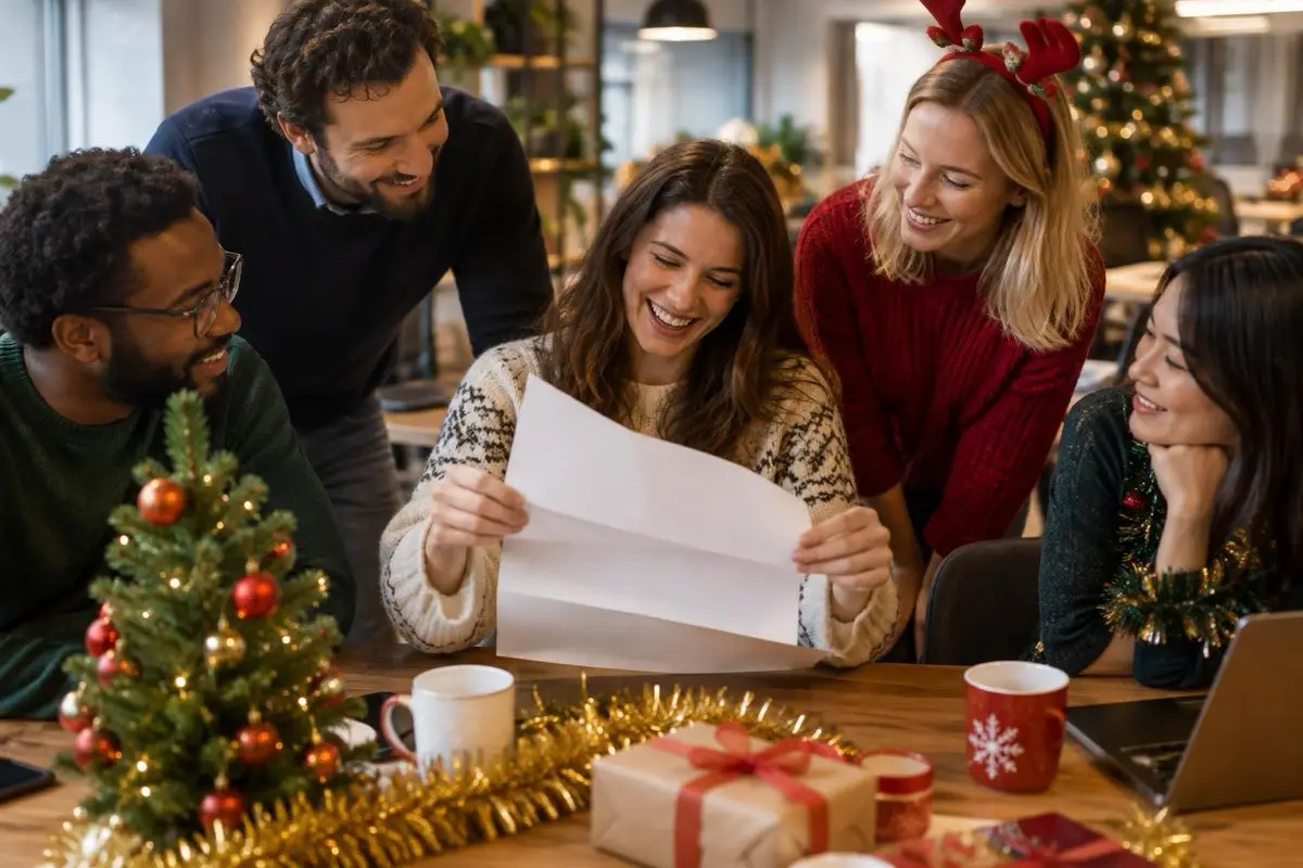 Un groupe de collègues autour d'une table de réunion décorée pour Noël, une femme déplie une feuille en riant, les autres se penchent