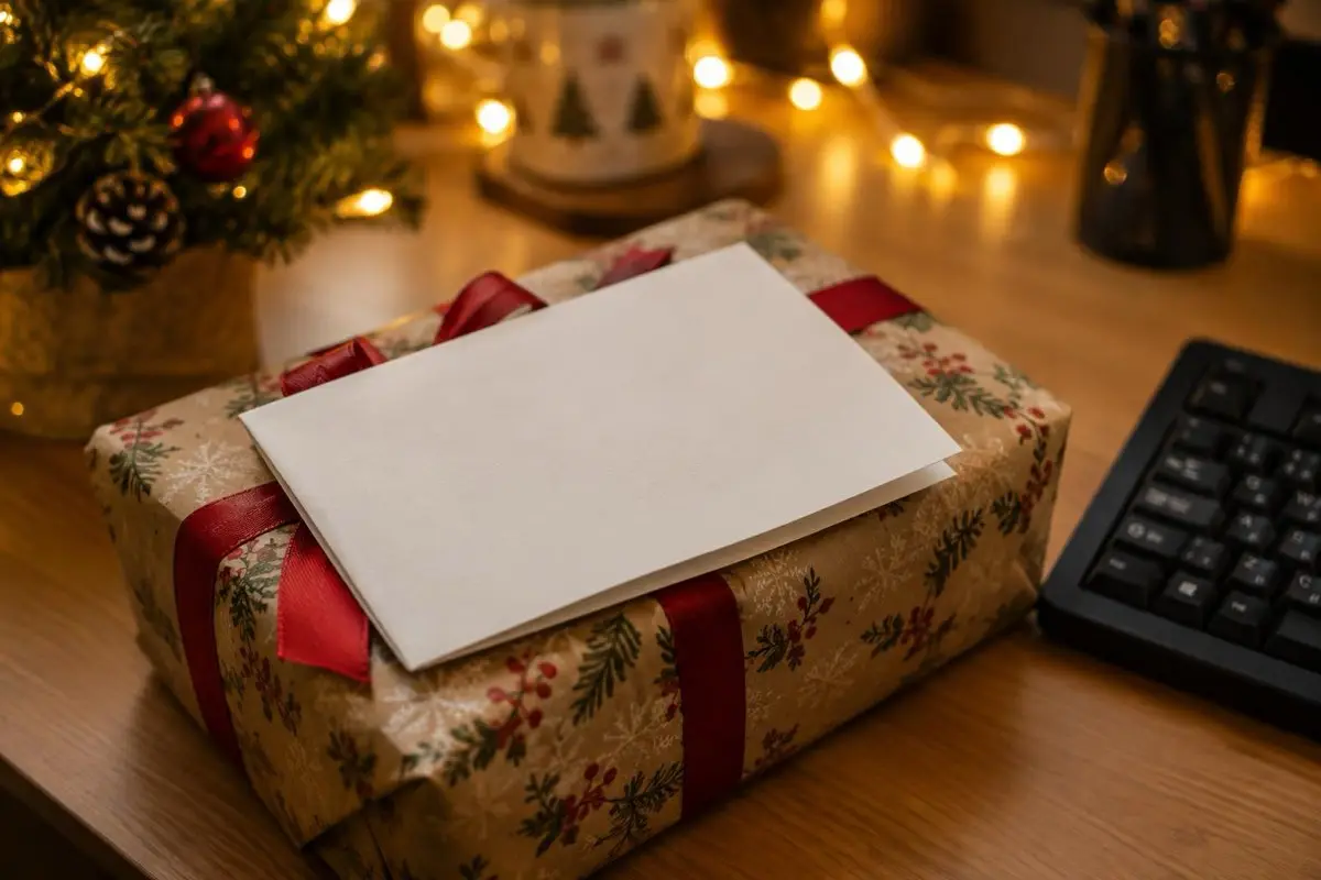 Gros plan sur un paquet cadeau posé sur un bureau, une feuille pliée dessus, guirlande lumineuse floue en arrière-plan