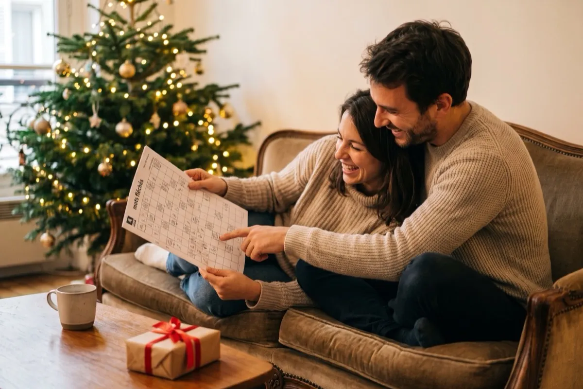 Un couple d'une trentaine d'années sur un canapé près du sapin, la femme tient une grille de mots fléchés et un crayon, l'homme pointe une case en riant