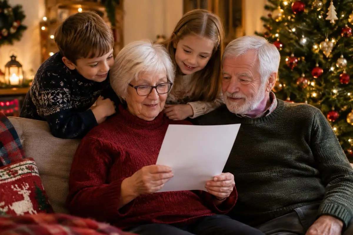 Un couple de grands-parents assis sur un canapé près du sapin, la grand-mère tient une feuille, ses petits-enfants regardent par-dessus son épaule