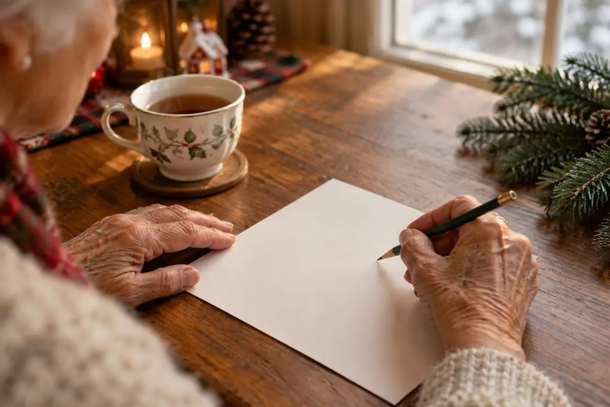 Gros plan sur les mains d'une femme âgée tenant un crayon au-dessus d'une feuille, une tasse de thé et des branches de sapin à côté