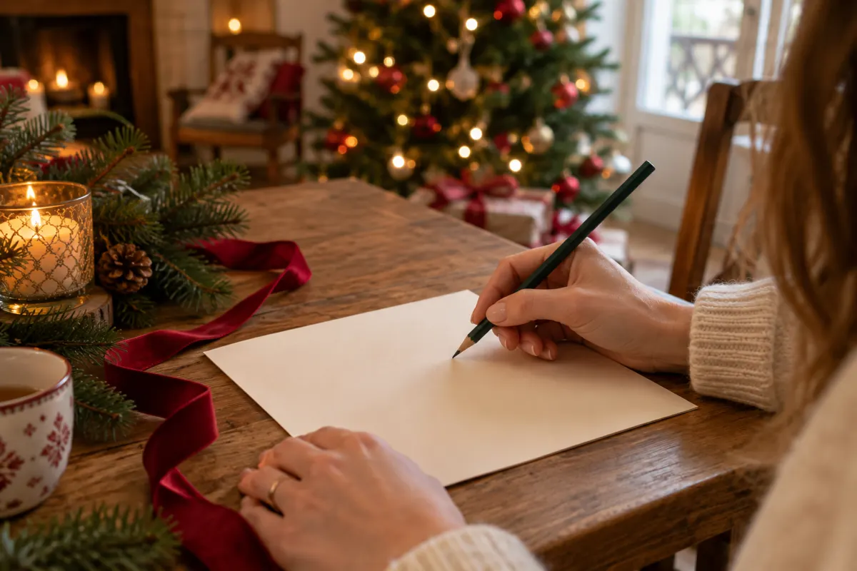 Gros plan sur les mains d'une femme tenant un crayon au-dessus d'une feuille, un ruban rouge, des branches de sapin et une bougie sur la table