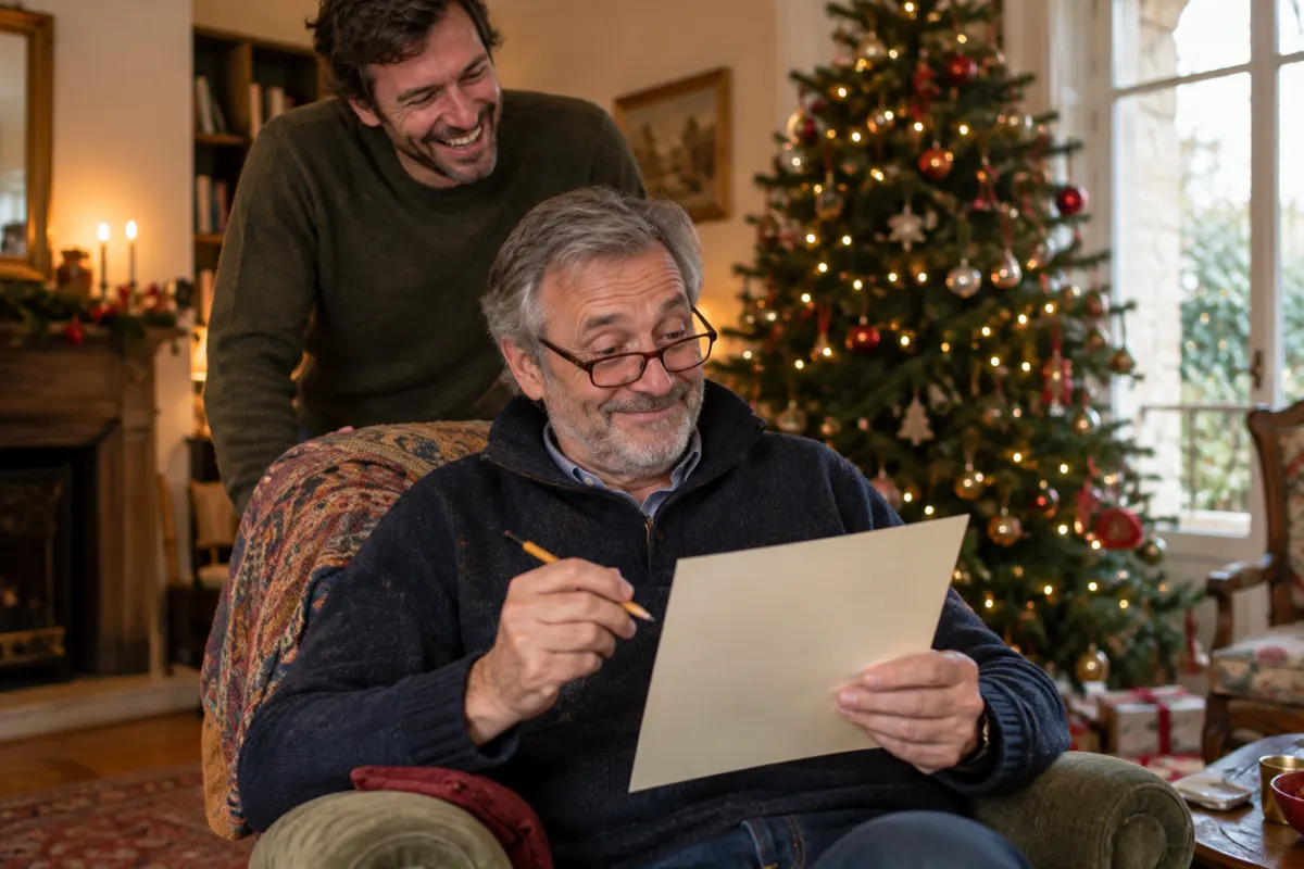 Un homme d'une soixantaine d'années dans un fauteuil près du sapin, lunettes sur le nez, une feuille et un crayon à la main, son fils adulte debout derrière lui qui rit