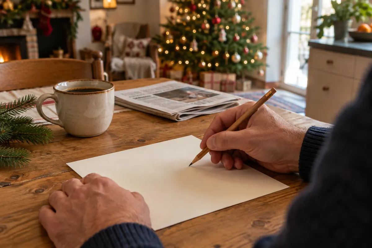 Gros plan sur les mains d'un homme tenant un crayon au-dessus d'une feuille, une tasse de café, un journal plié et une branche de sapin sur la table