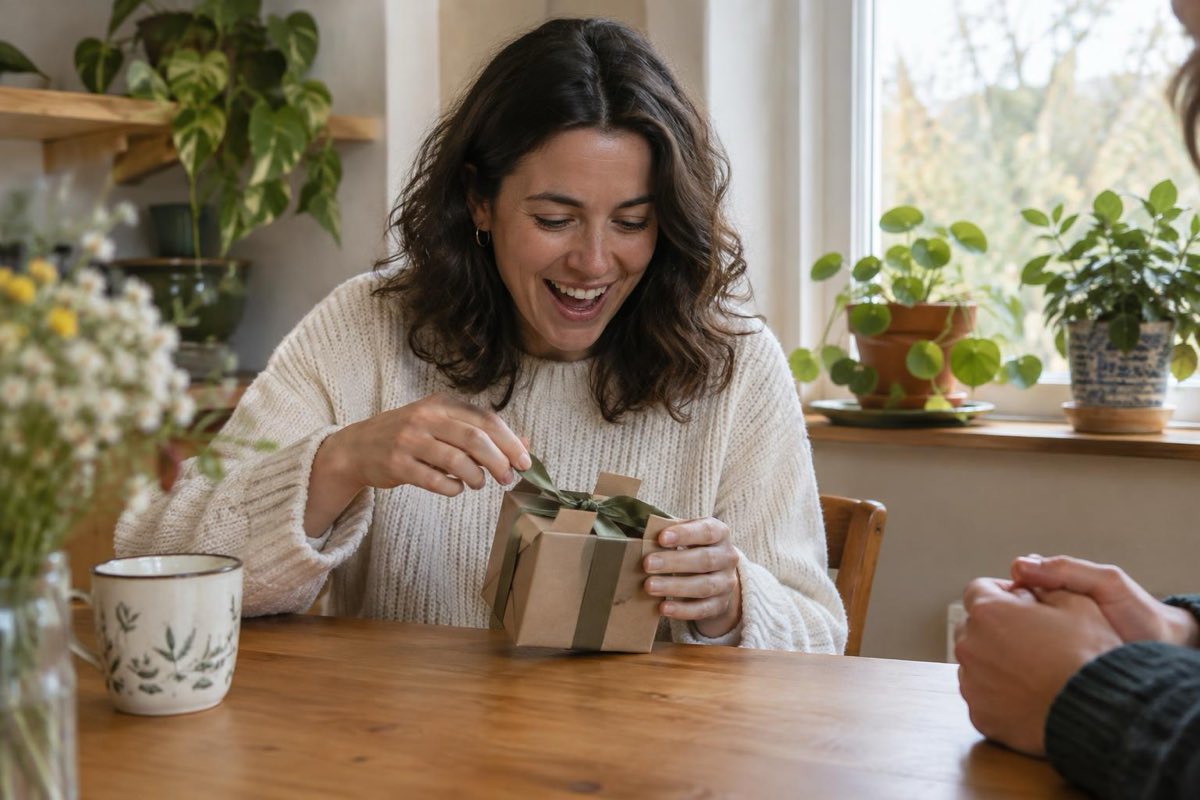 Une femme qui rit en ouvrant un petit paquet cadeau en papier kraft à une table de cuisine, les mains d'une amie en face d'elle