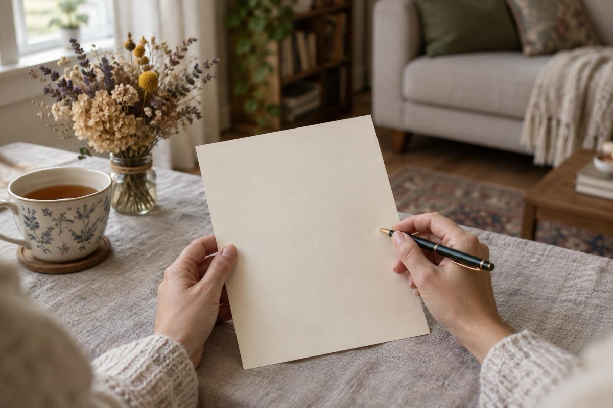 Mains d'une femme qui tiennent une feuille de papier crème et un stylo, une tasse de thé et un bouquet de fleurs séchées à côté