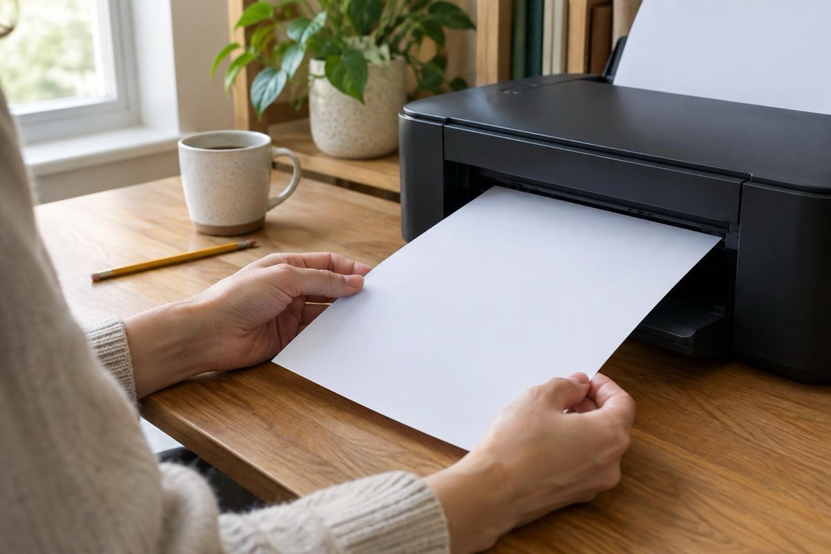 Mains qui récupèrent une feuille A4 qui sort d'une imprimante posée sur un bureau en bois, une tasse et un crayon à côté