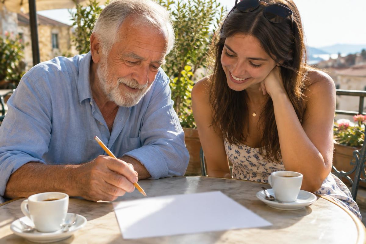 Un grand-père et sa petite-fille penchés sur une feuille de papier à la terrasse d'un café, lui tient un crayon, deux tasses d'expresso devant eux