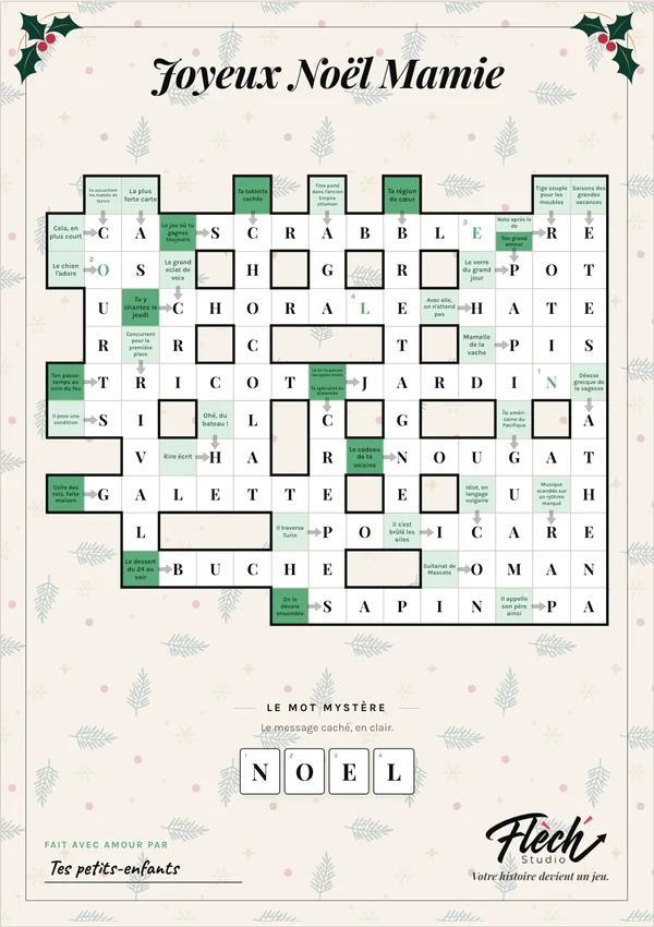 Grille Flèch' habillée du thème Noël en vert sapin : houx dans les coins, titre Joyeux Noël Mamie