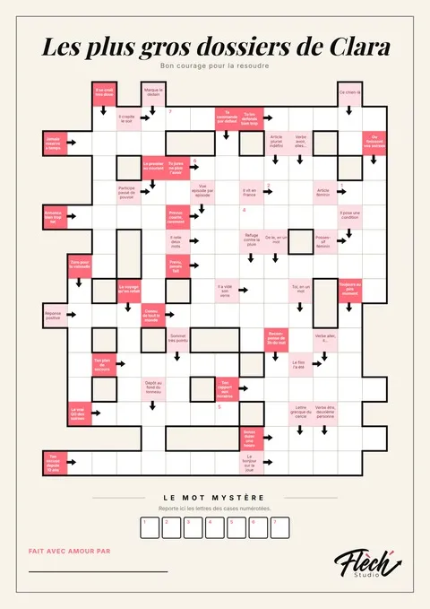 Grille de mots fléchés personnalisée, exemple de rendu imprimé