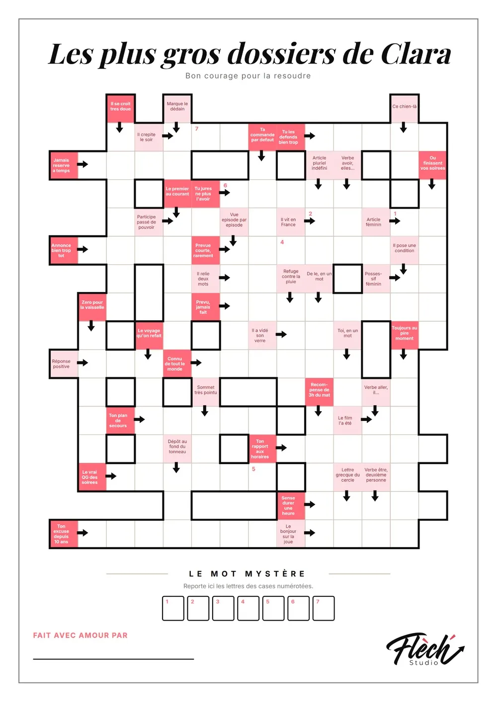 Grille de mots fléchés personnalisée, le PDF à imprimer
