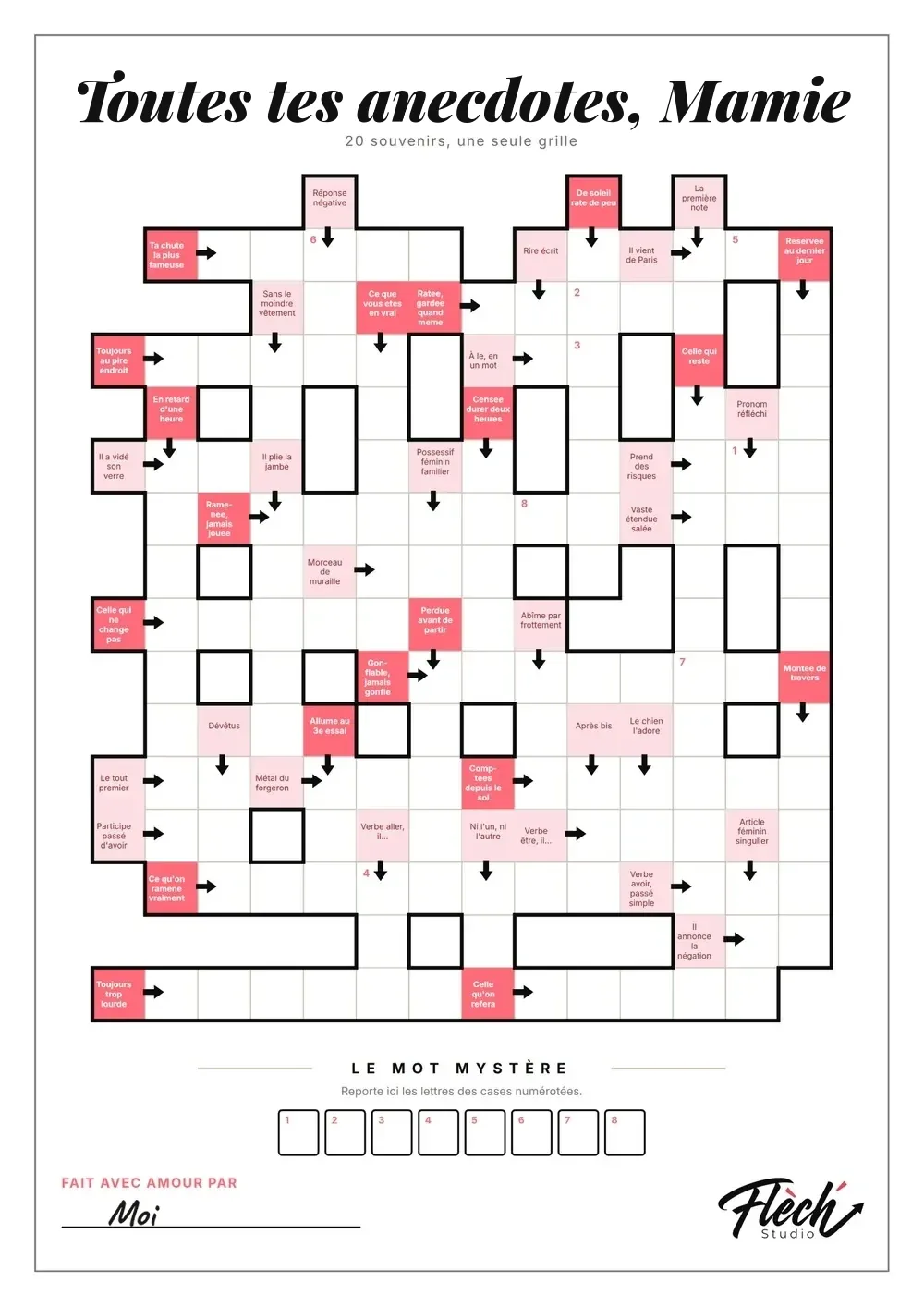 Une grille de mots fléchés personnalisée pour une grand-mère, avec ses souvenirs